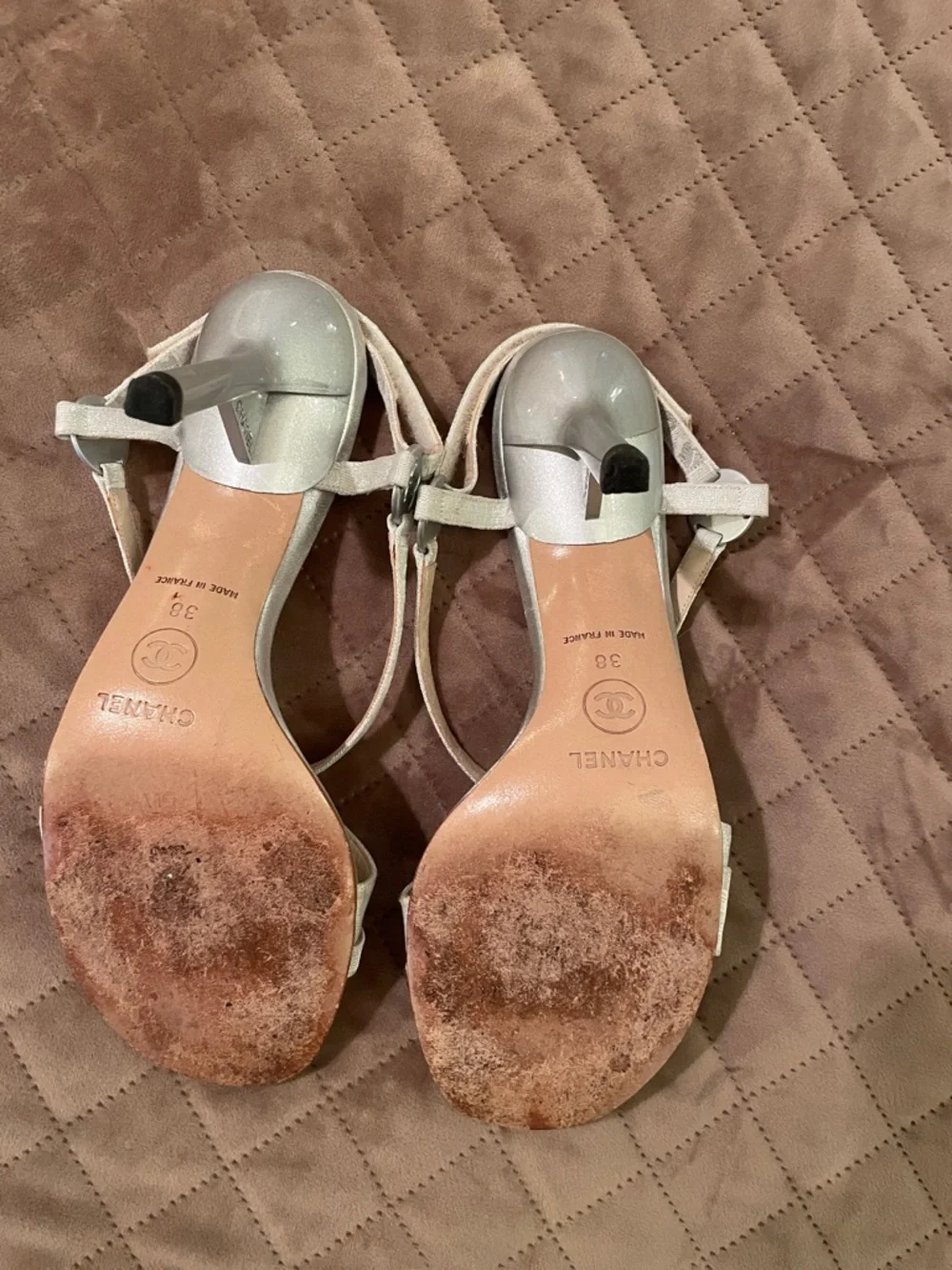CHANEL Silver Metallic Strappy Slingback Sandals. Very good condition